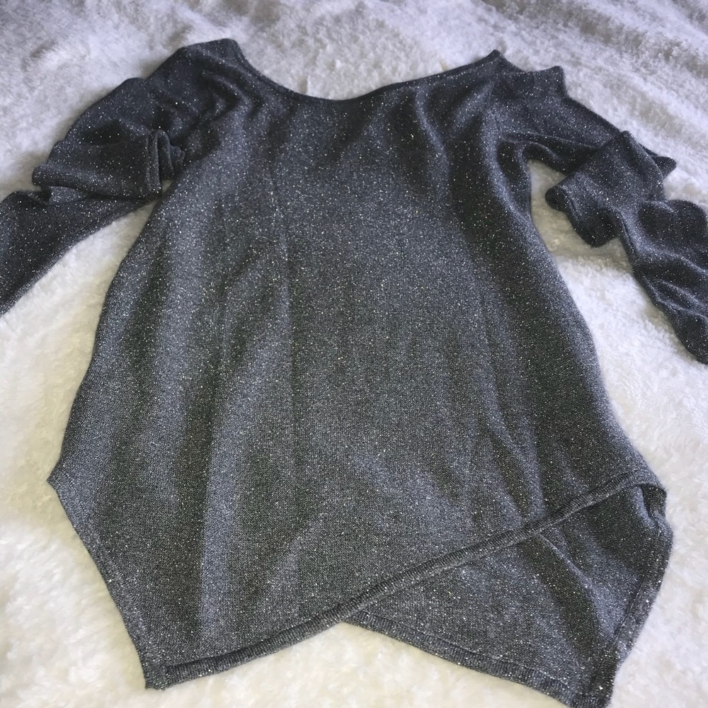 Express Silver Metallic Asymmetrical Hem Sweater - Picture 2 of 5